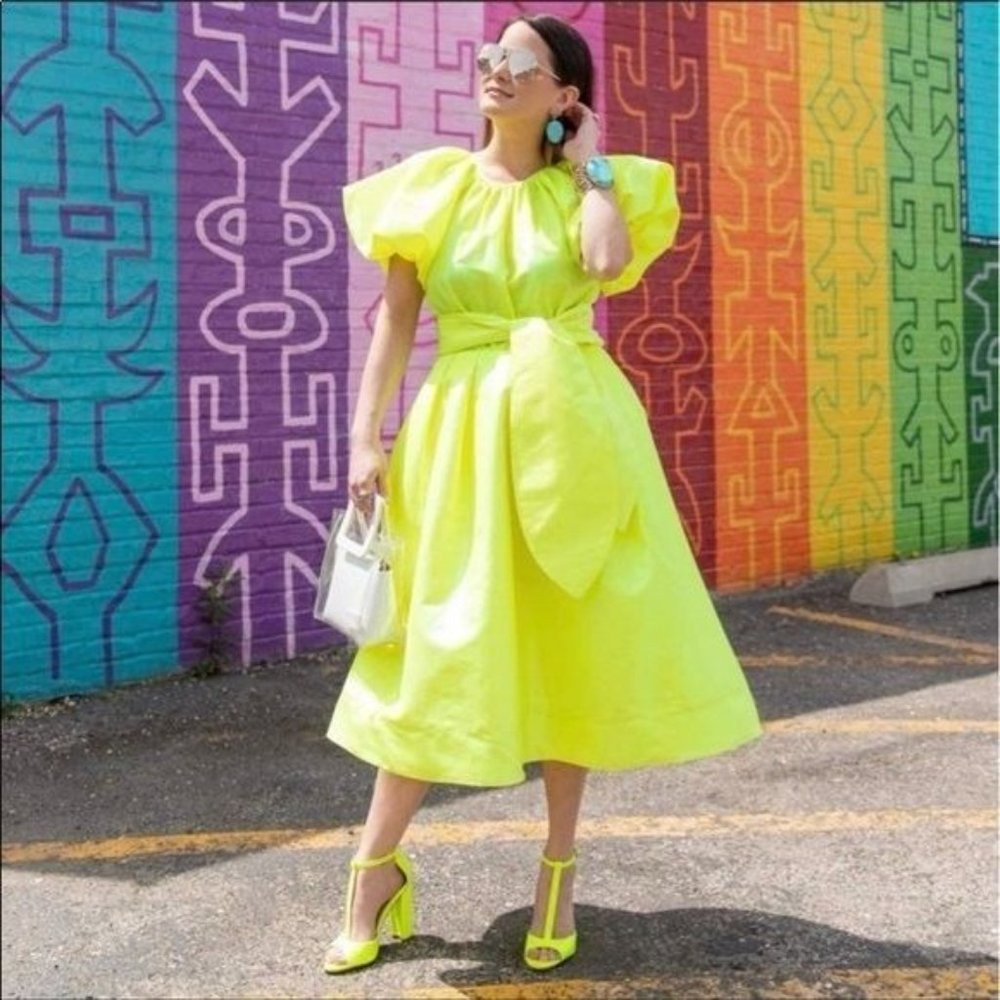 Christopher Rogers Woman Yellow Midi Dress XXS Volume Iridescent Puff Sleeve New - Picture 5 of 17